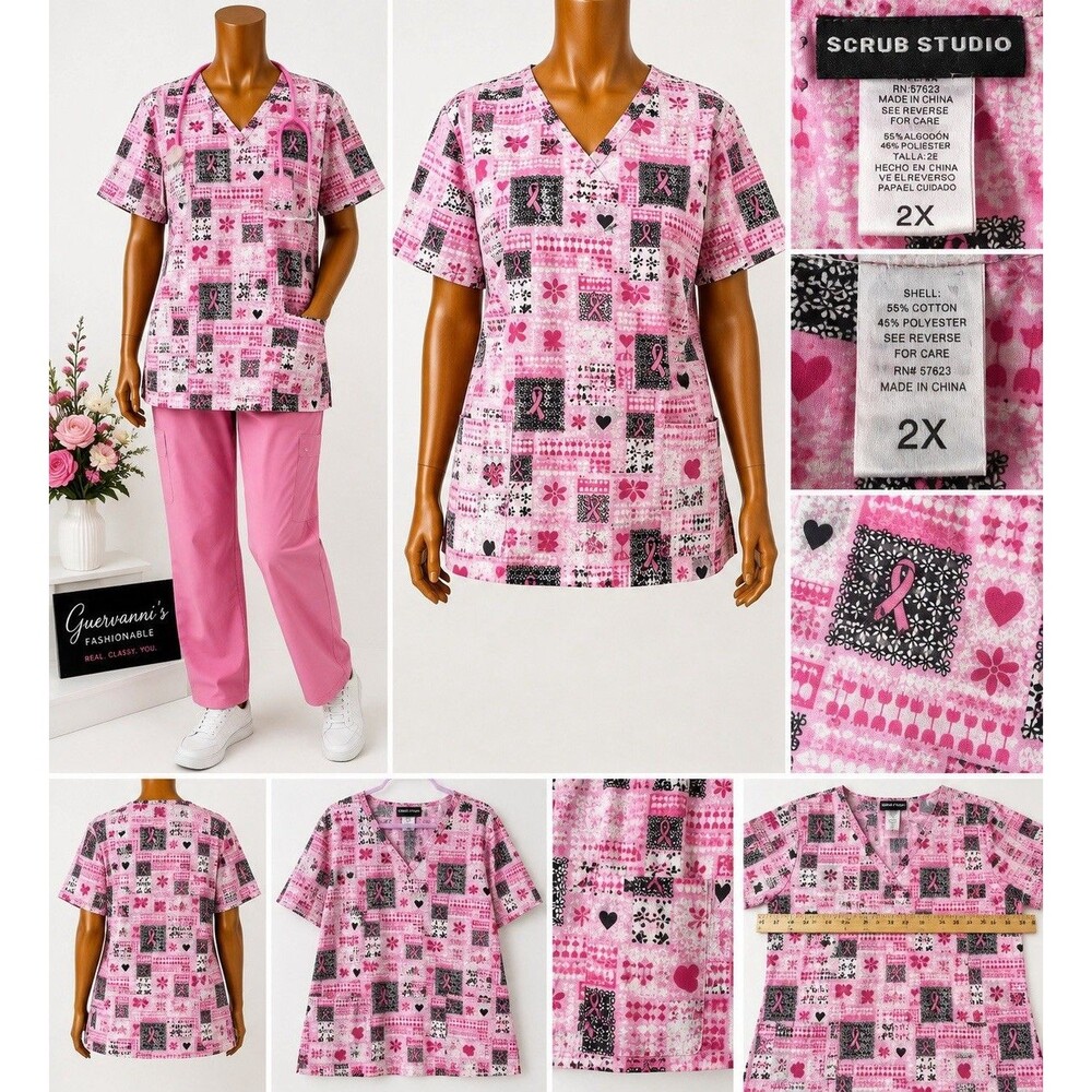 Scrub Studio Scrub Women 2X Multicolor Pink Breast Cancer Ribon Floral  Top